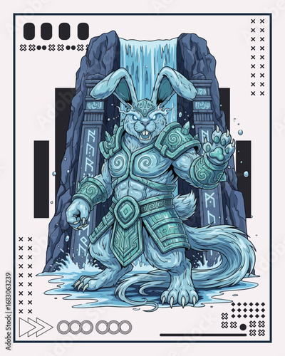 An anthropomorphic rabbit warrior in ornate stone armor stands powerfully in front of a waterfall and ancient ruins.