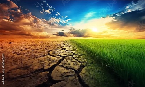 Climate Change Concept: Divided Landscape of Lush Green Grass and Dry Cracked Earth
