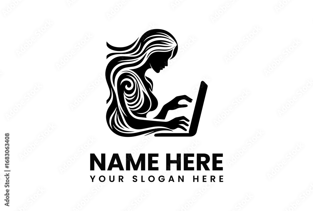 Fototapeta premium Stylized Silhouette of Woman with Flowing Hair Using Laptop.