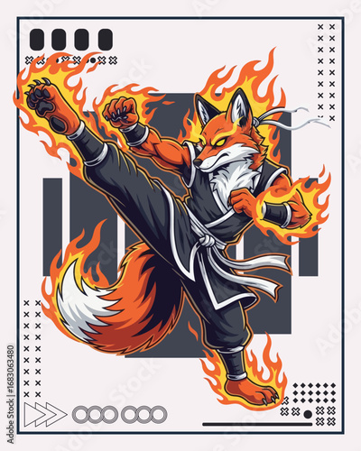 Dynamic illustration of a fiery anthropomorphic fox performing a powerful martial arts kick with a modern geometric background.
