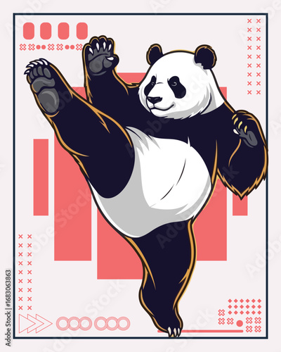 An illustrated giant panda performing a powerful high kick martial arts move against a stylized background.