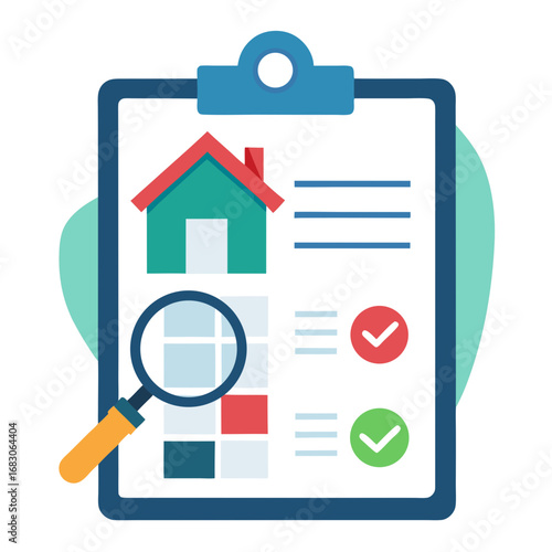 A blue clip board with a magnifying glass on it. The magnifying glass is looking at a house. The house is green and red. The house is on a piece of paper
