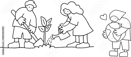 care for environment, young woman standing and holding globe in hands, young people growing tree, corporate memphis style, drawn in grunge style with black curved lines