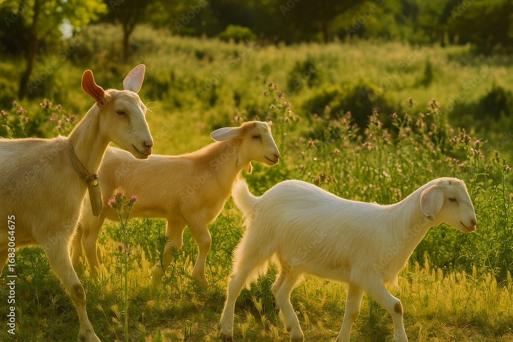Obraz premium Three Goats Grazing in Lush Green Meadow Peaceful Nature and Agriculture Rural Landscape
