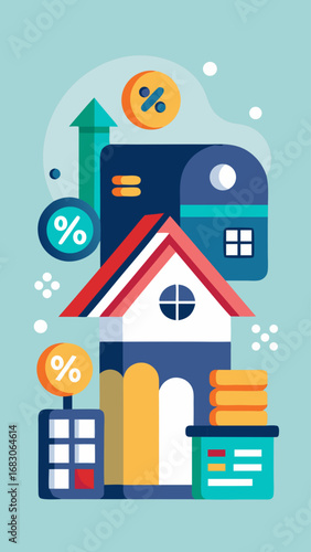 A house with a clock on the wall and a stack of coins on the floor. The coins are in different denominations and the house is surrounded by a lot of numbers
