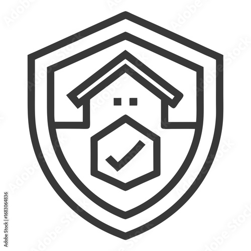 A black and white image of a house with a shield on it. The shield has a check mark on it