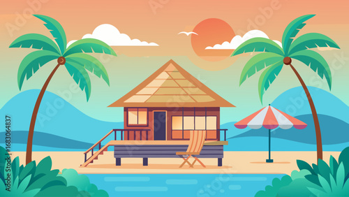 A small house with a porch and a view of the ocean. The house is surrounded by palm trees