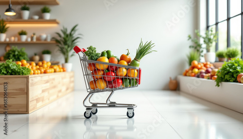 Shopping cart filled with fresh colorful vegetables and fruits in bright modern grocery store with wooden shelves and plants, creating fresh and inviting atmosphere