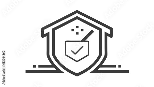 A black and white image of a house with a shield on it. The shield has a check mark on it