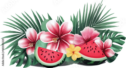 Vibrant tropical arrangement of watermelon slices plumeria flowers and lush palm leaves
