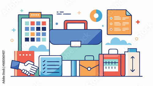 A colorful image of a briefcase, a hand, and a trash can. Concept of a busy workday, with the briefcase and hand representing work and the trash can representing the need to dispose of waste
