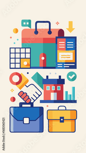 A colorful image of a briefcase, a hand, and a trash can. Concept of a busy workday, with the briefcase and hand representing work and the trash can representing the need to dispose of waste