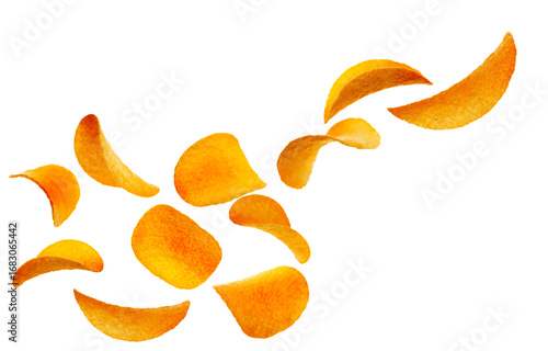 Obraz na plátně Set potato chips with paprika flavor falling, isolated on white background, clos