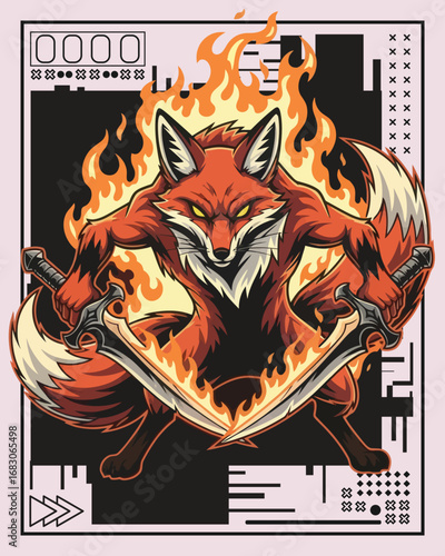Illustration of a fox warrior with swords surrounded by flames on a geometric background.
