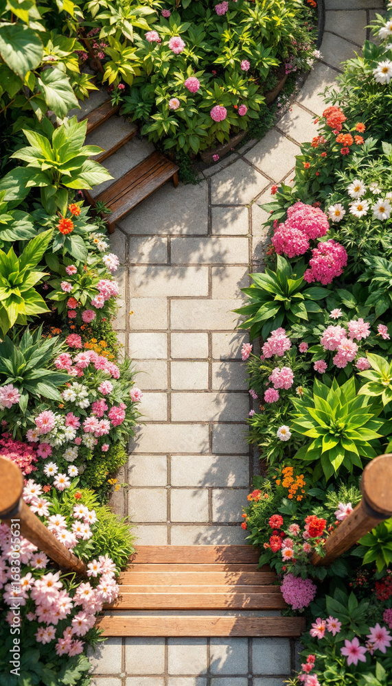 Naklejka premium Top-down close-up of a vibrant botanical garden with diverse plants and flowers 
