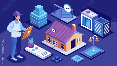 A man is standing in front of a house and a building. He is holding papers and looking at them. Concept of construction and planning