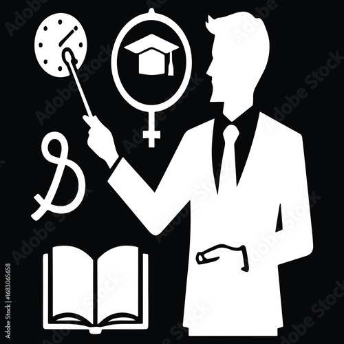 Teacher explaining education concepts with focus on gender equality lifelong learning and time management symbolized by clock book and female education icon