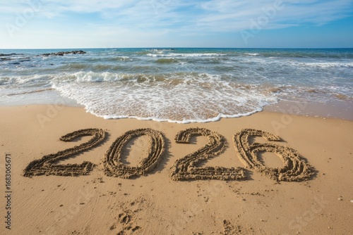 2026 Beach Scene with Sand Writing and Ocean Waves under Blue Sky.
