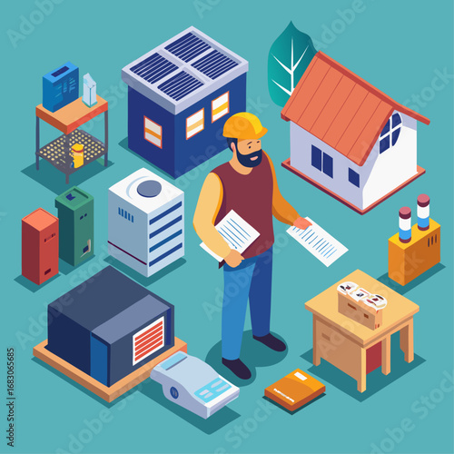 A man is standing in front of a house and a building. He is holding papers and looking at them. Concept of construction and planning