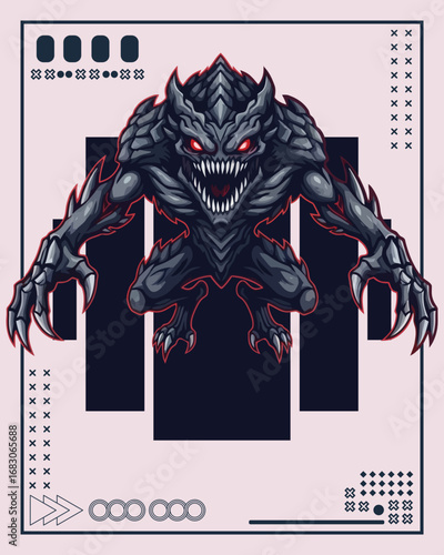 A menacing dark fantasy monster illustration with geometric design elements.