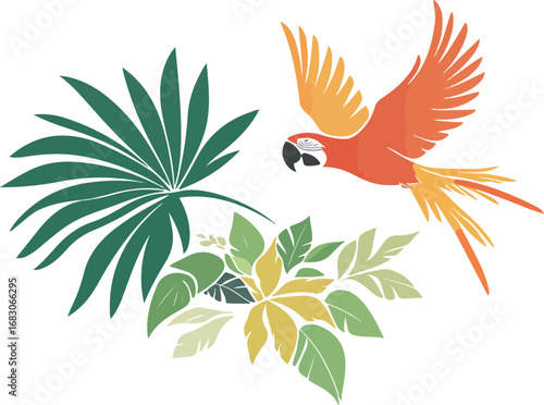 Vibrant scarlet macaw parrot flying among lush green tropical jungle leaves illustration