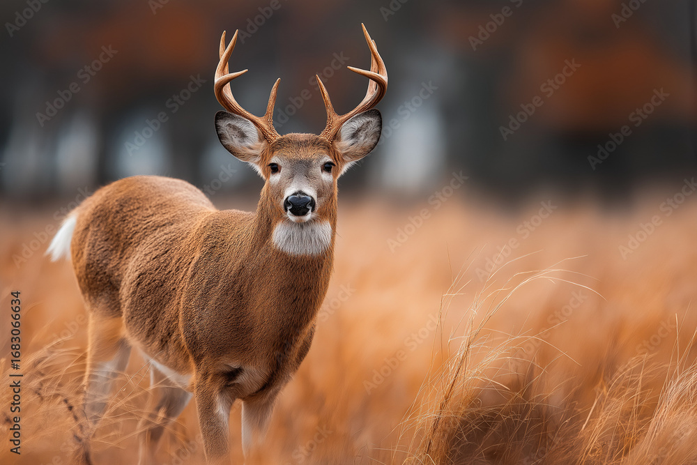 Obraz premium A white-tailed deer in the summer grassland, photorealistic,