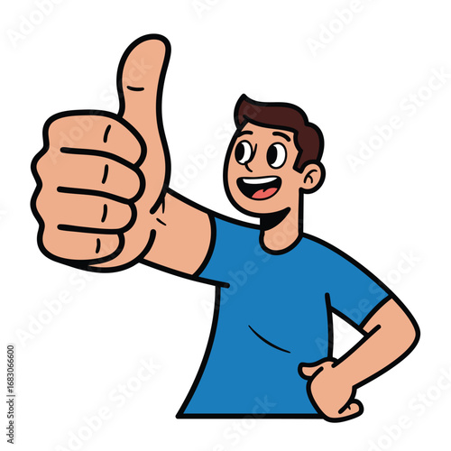 Cheerful cartoon man in a blue tshirt giving a large thumbsup gesture of approval.