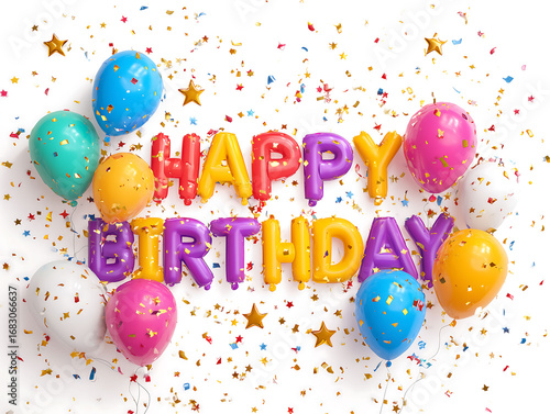 Happy Birthday balloons in bright colors, party confetti and star shapes around