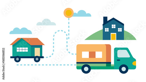 A blue truck is driving down a road with a house and a school in the background. The truck is carrying a large package