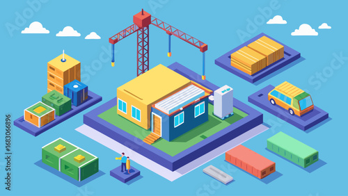 A blue and white cityscape with a yellow building and a crane. The image is a representation of a construction site