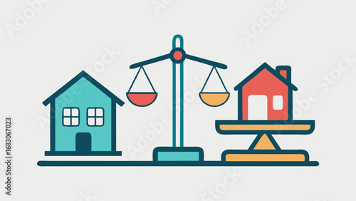 A scale with a house on one side and a building on the other. The house is labeled with the word "Sell" and the building is labeled with the word "Buy"