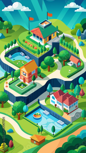 A cartoon drawing of a town with houses, a church, and a river. The houses are all different sizes and styles, and there are cars and boats in the water