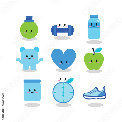 Cute Cartoon Fitness Icons for Health and Wellness