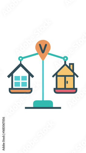 A scale with a house on one side and a building on the other. The house is labeled with the word "Sell" and the building is labeled with the word "Buy"