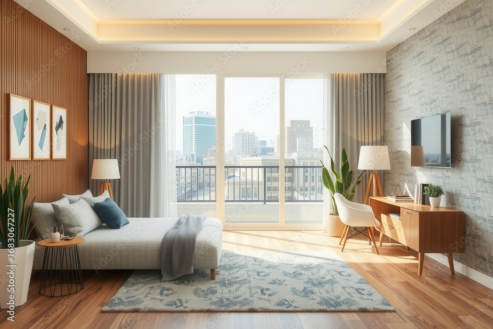 Fototapeta premium Modern city view bedroom