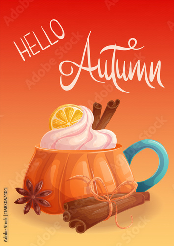 Wallpaper Mural A greeting card template with an orange pumpkin-shaped cup with a drink, leaves and cinnamon sticks. Hello, autumn. Vector illustration for seasonal design of postcards, banners, posters, promotions. Torontodigital.ca