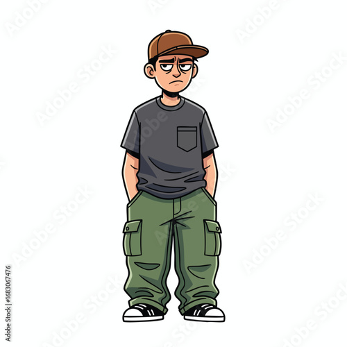 Fullbody cartoon illustration of a sullen young man in a baseball cap and cargo pants.