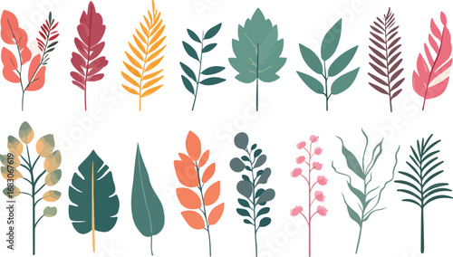 Collection of stylized botanical illustrations featuring diverse leaves and branches in autumnal colors