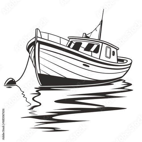 Illustration of a boat on the water with reflection, capturing the essence of nautical adventure, perfect for travel and summer vacation themes, a serene seascape