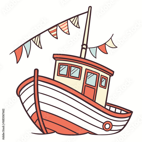 Illustration of a charming cartoon fishing boat, featuring vibrant colors and playful details, perfect for childrens books and nautical themed designs
