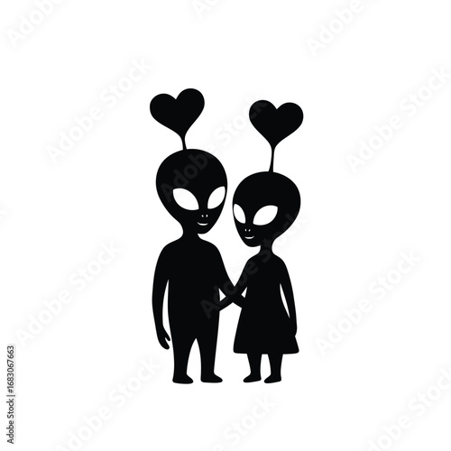 Alien couple holding hands with heart antennae love