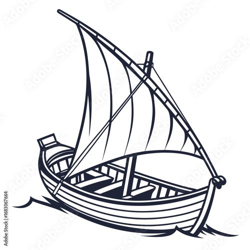 Illustration of a classic sailing boat on the sea, representing travel, adventure, and nautical themes