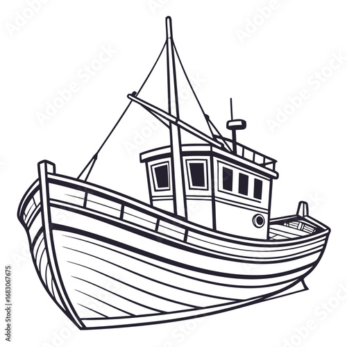 Illustration of a fishing boat, a classic vessel for maritime adventures, perfect for nautical themes and transportation concepts