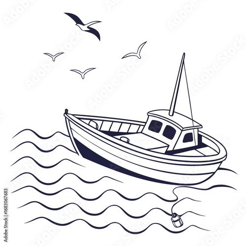 Illustration of a fishing boat on the sea with seagulls flying above, representing maritime transport, summer vacation, and nautical adventure