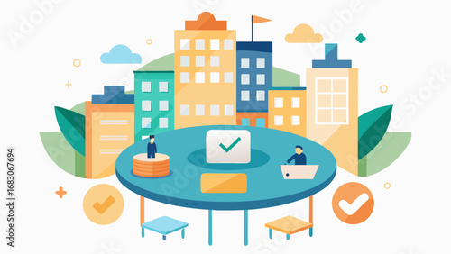 A cityscape with a table in the middle with a check mark on it. There are three people sitting around the table
