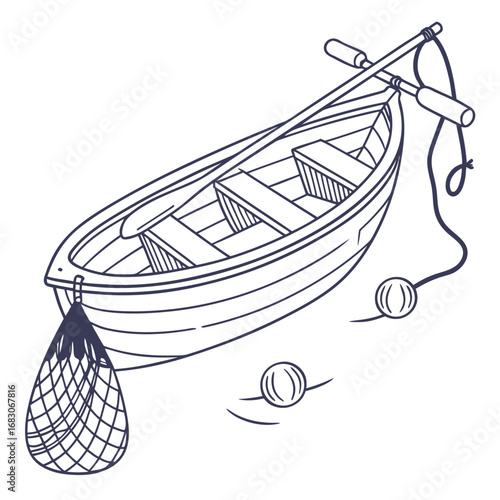 Illustration of a fishing boat with a net and paddles, perfect for nautical themed designs, travel brochures, or recreational activity promotions