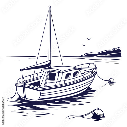 Illustration of a sailboat on the sea with a mountain in the background, a serene scene of nautical adventure and coastal beauty, perfect for travel and summer vacation themes