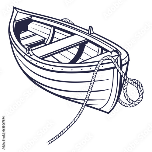 Illustration of a rowboat with a rope, the design is a simple vector graphic, perfect for nautical themes and outdoor activities, representing travel and exploration