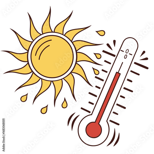 Illustration of a sun and thermometer indicating high heat, , showcasing a hot weather condition with rising temperature, extreme heat, and summer season