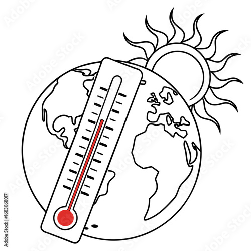 Illustration of a thermometer showing high temperature on the earth globe with the sun, symbolizing global warming and climate change